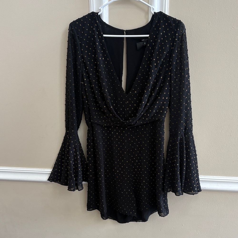 JAYGODFREY Black and Gold Polka Dot Romper